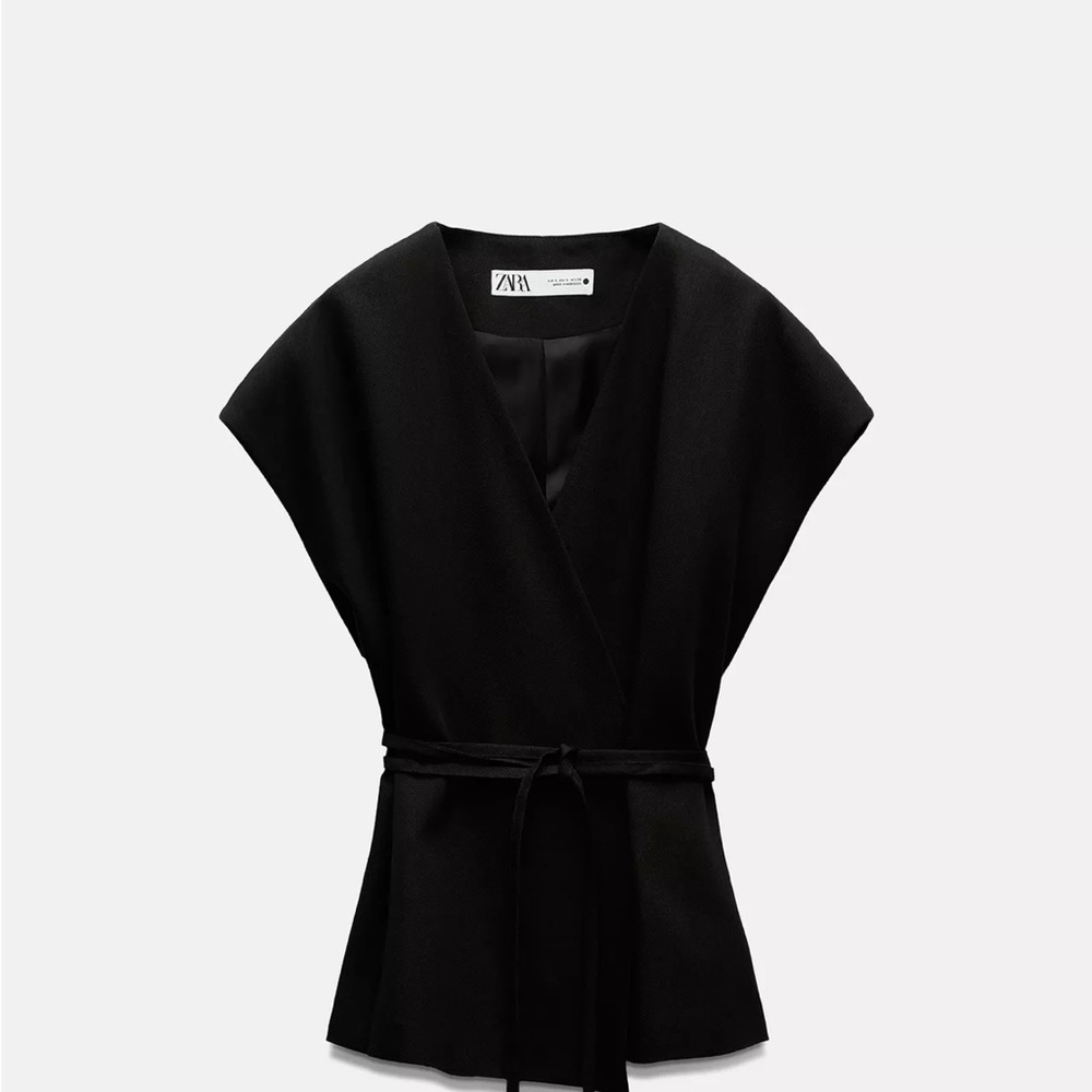 Zara Black Cap Sleeve Wrap Blouse, Linen Blend Wrap Vest ZW Collection